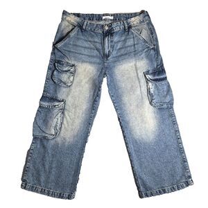 SONG Cargo Baggy Jeans Womens Sz 14 (Fits 36x25) Straight Relaxed Blue Y2K 90s